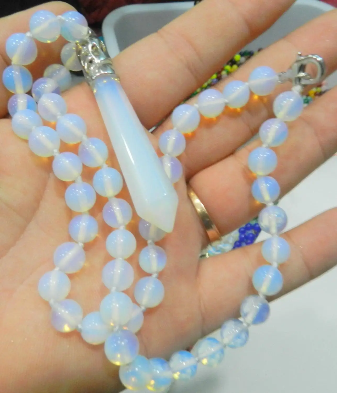 

Hexagonal Healing Chakra Reiki Opal Opalite Stone Pendant Necklace 18