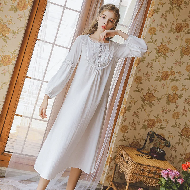 Sleeping Dress Nightdress Autumn Woman Princess Nightwear Long Sleeve White Nightgown Cotton Sleepwear Women Girl