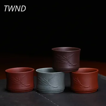 

3 Pieces yixing tea cups chinese kung fu mugs ore purple clay 60CC carvel bamboo zisha drinkware 12.2