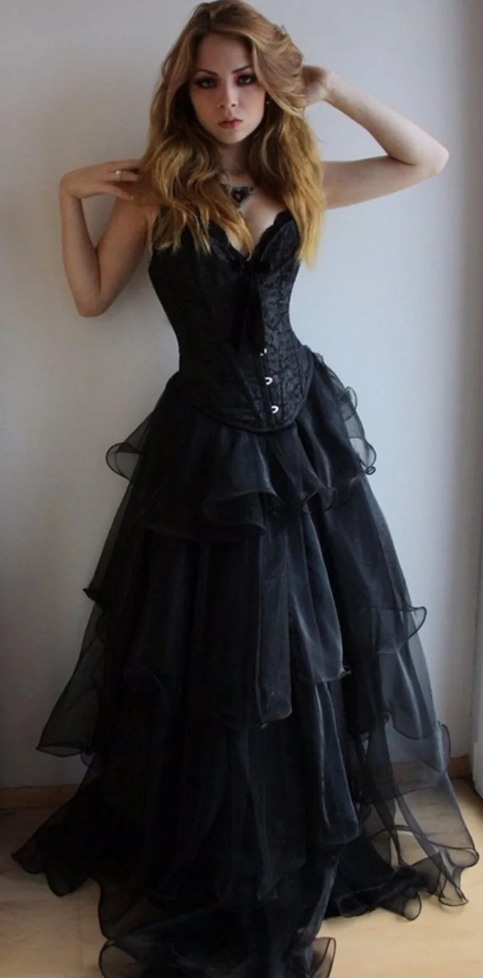 Long Black Gothic Corset Prom Dresses 2016 Sweetheart Neckline Steampunk Corset Dress (2)