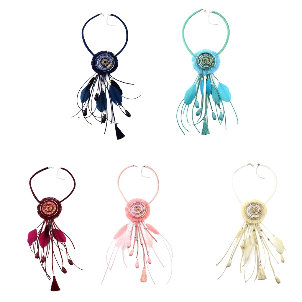 Vintage Statement Dreamcatcher India Tribe Ethnic Tassels Feather Pendant Sweater Necklace Boho Jewelry