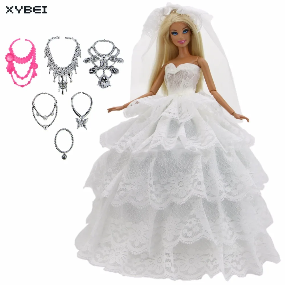 

8 Pcs = 1x White Dress Wedding Party Gown Church Lace Skirt With Veil + Random 6x Necklaces Clothes For Barbie Doll Accessories