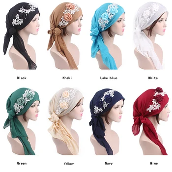 

Lady's Flower Headscarf Women Tied Bandana Lace Wrap Head Cap Chemo Hat Cotton Turban Women Hair Accessories