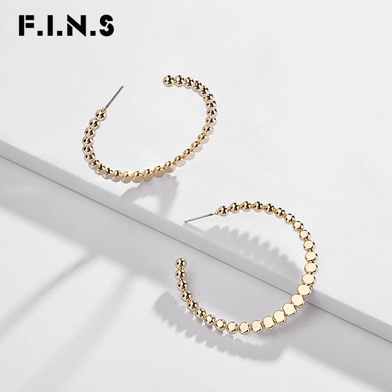 

F.I.N.S Korean Earrings Simple Round Beads Ball Big Hoop Earrings Gold Silver Color Cooper Metal Hoops Earings Fashion Jewelry