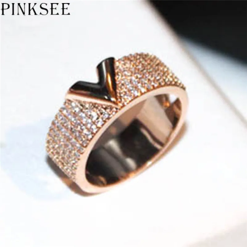 

PINKSEE Titanium Steel Lovers Rings Rhinestone Letter Pattern Engagement Rings Party Jewelry Gift