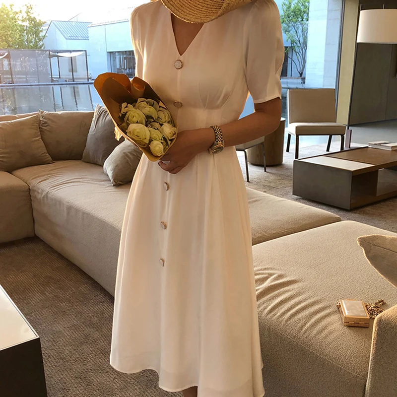 

Vintage Elegant Women's Satin Long Dresses Summer Solid V-neck Single-breasted Slim Female Dress Party Casual Ladies Midi Dress