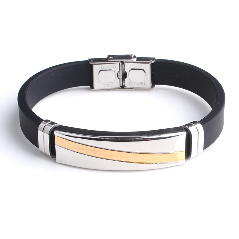 

free shipping Silver color background Gold color Oblique fringe Silicone 316L Stainless Steel bracelets for men
