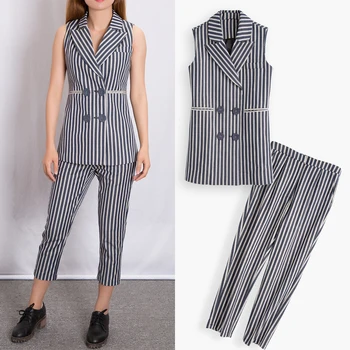 

2019 Blends Sleeveless V-neck Fashionable Striped Suit Female Spring New Stripes Vest Nine Pants Two Sets Of Boutique Women