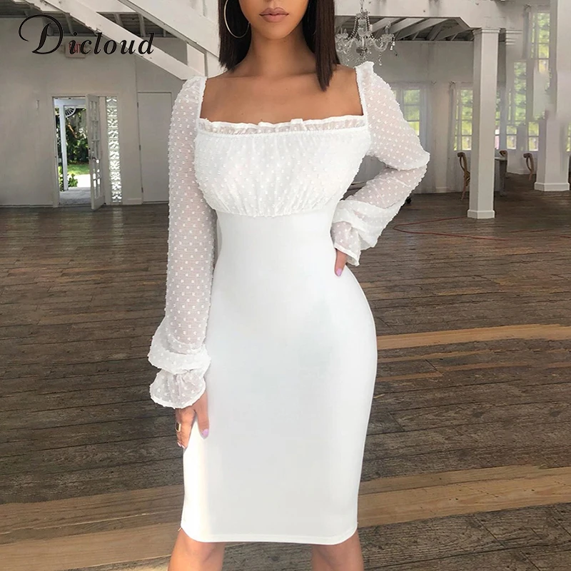 

DICLOUD Sexy White Bodycon Dress Women Summer Autumn Backless Dot Bandage Dress Elegant Evening Party Midi Lace Dresses Ladies