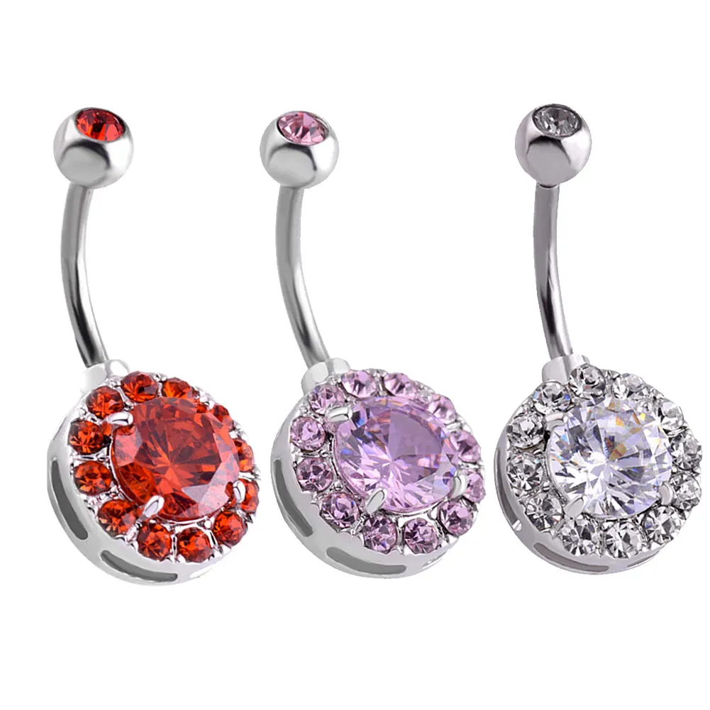 Round Zircon Belly Button Ring Body Piercing Jewelry 316L Stainless