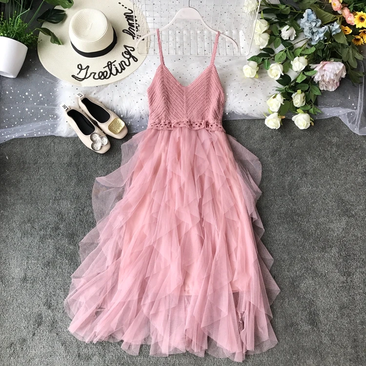 

HISUMA 2019 summer new women's strap V-neck ruffles knitted stitching mesh A-line dress female elegant bohemian vacation dresses