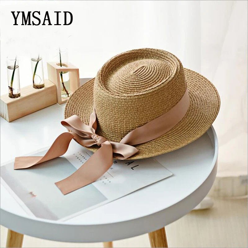 Ymsaid New Summer Sun Hats Women Fashion Girl Straw Hats Ribbon Bow Beach  Hat Casual Straw Flat Top Panama Hat Bone Feminino