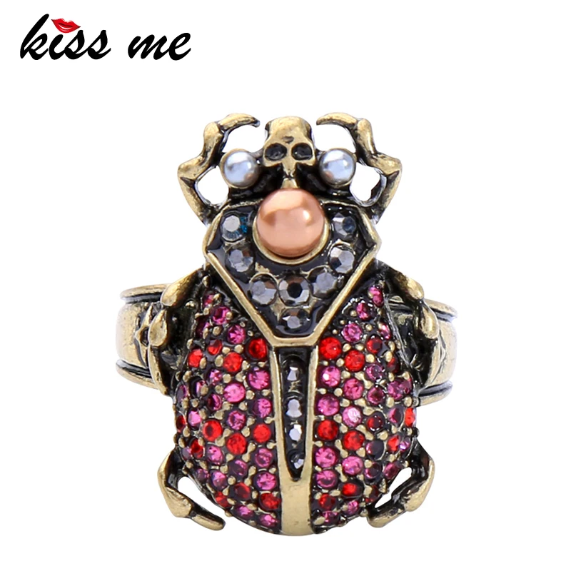 

KISS ME New Ring Antique Gold Color Acrylic Crystal Beetle Rings for Women Vintage Jewelry Accessories Bijoux Femme