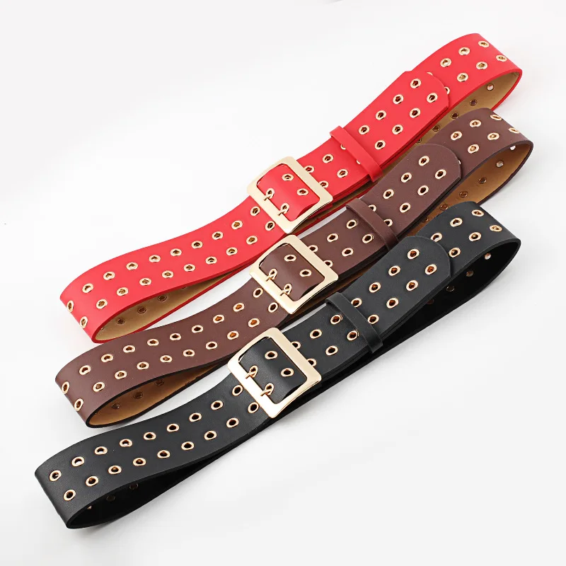

2019 New Women Belt Hollow Rivets Dual Exhaust Eye Button PU Leather Adjustable Waist Belt All-match Women Fashion Tide