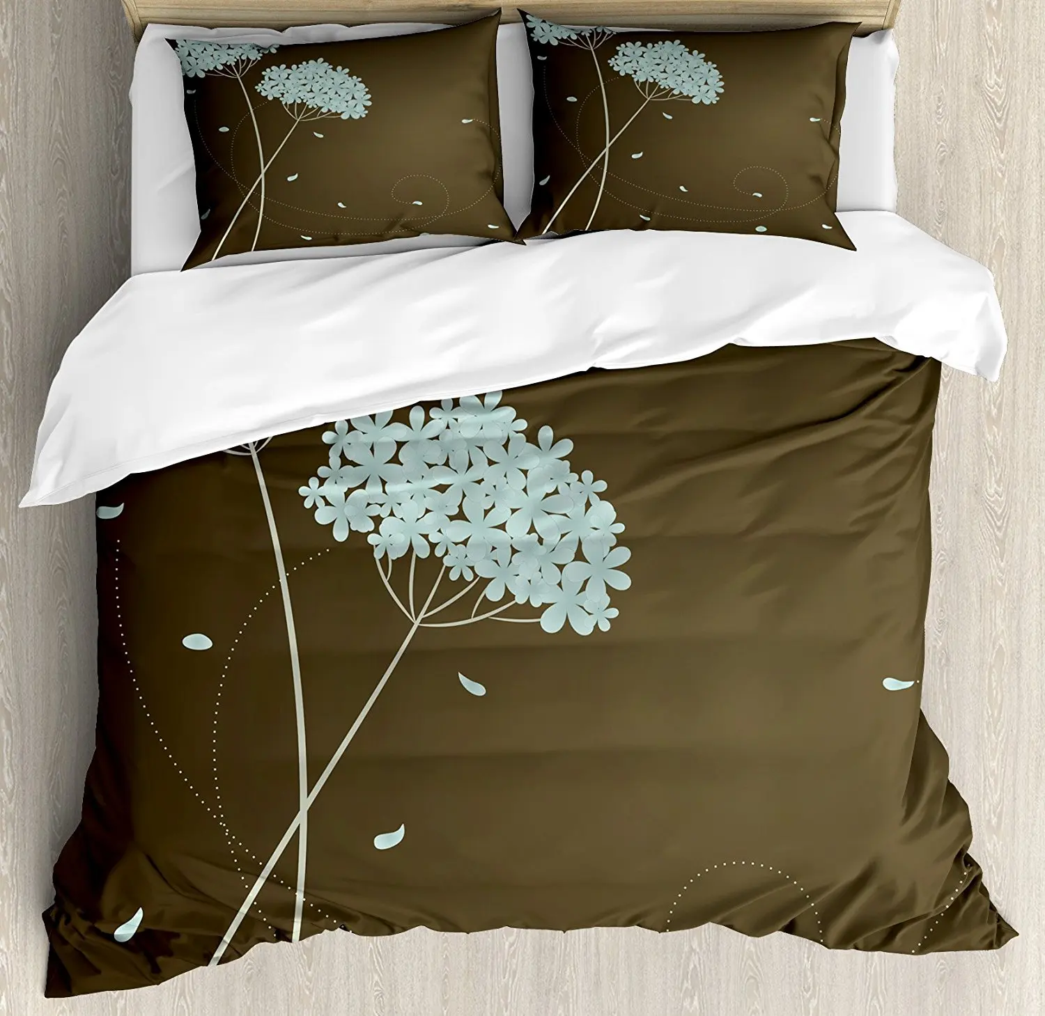 

Brown and Blue Duvet Cover Set Floral Design with Swirl Lines Falling Leaves Autumn Inspired Decorative 4 Piece Bedding Set