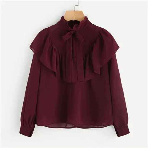 Dotfashion, бордовая, с завязками на шее, с оборкой, винтажная блузка, рубашка для женщин,, Элегантные Осенние женские топы, с длинным рукавом, простые рубашки - Цвет: Burgundy