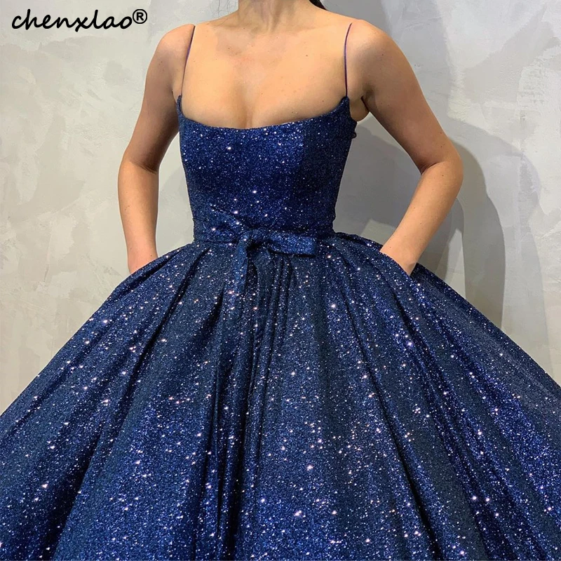

2019 New Dark Blue Evening Dresses Long Ball Gown Spaghetti Strap Floor Length Sequin Evening Dress Formal Party Gowns Vestidos