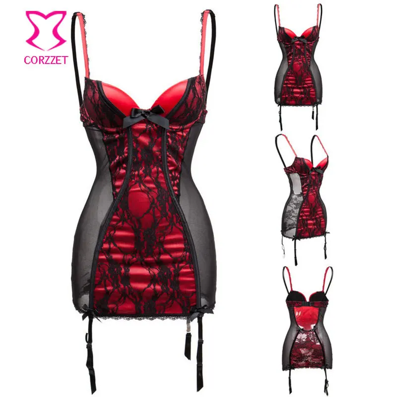 Corzzet Красное Атласное и черное кружевное сексуальное платье для сна, сексуальное женское белье с подвязками размера плюс, женское платье для сна