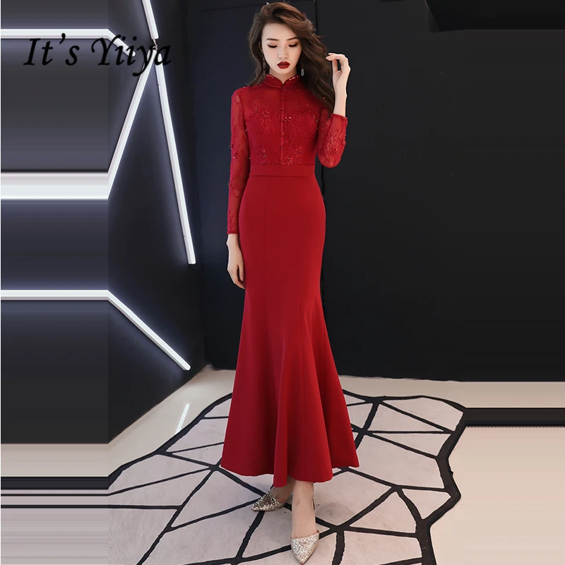 

It's YiiYa Prom Gowns High Neck Wine Red Beading Illusion Full Sleeves Mermaid Ankle Length Plus Size 2019 Long Prom Dress E449