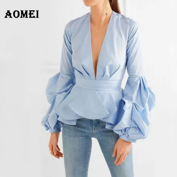 Блузка в синюю и белую полоску с рукавами-фонариками, Женская Сексуальная Блузка с оборками и v-образным вырезом, Весенняя мода, новые Топы, одежда, блузы размера плюс 4XL - Цвет: Solid Blue Color