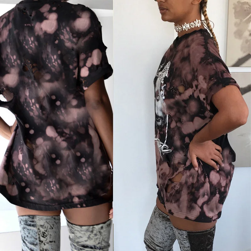 

Droppshiping Women Punk Rock T-shirt Print Hollow Out Short Sleeve Loose Tee Hip Hop Summer Tops dg88