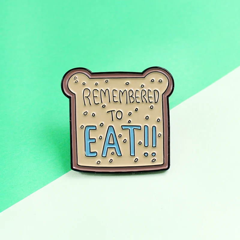 

Lovely Bear Ear Shape REMEMBERED TO EAT Bread Toast Breakfast Slogan Enamel Pins Denim Metal Badge Gifts For Friends Kids