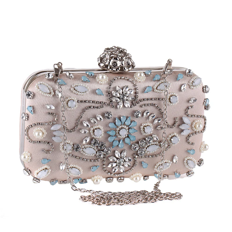 

pochette soiree Beading Women Evening Bags Rhinestones Chain Shoulder Clutch Embroidery Diamonds Flower Metal Mini Wedding Purse