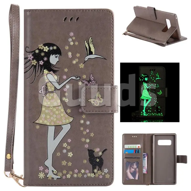 Luminous Flower Girl Cat Leather Wallet Case for Samsung Galaxy Note 8 - Gray