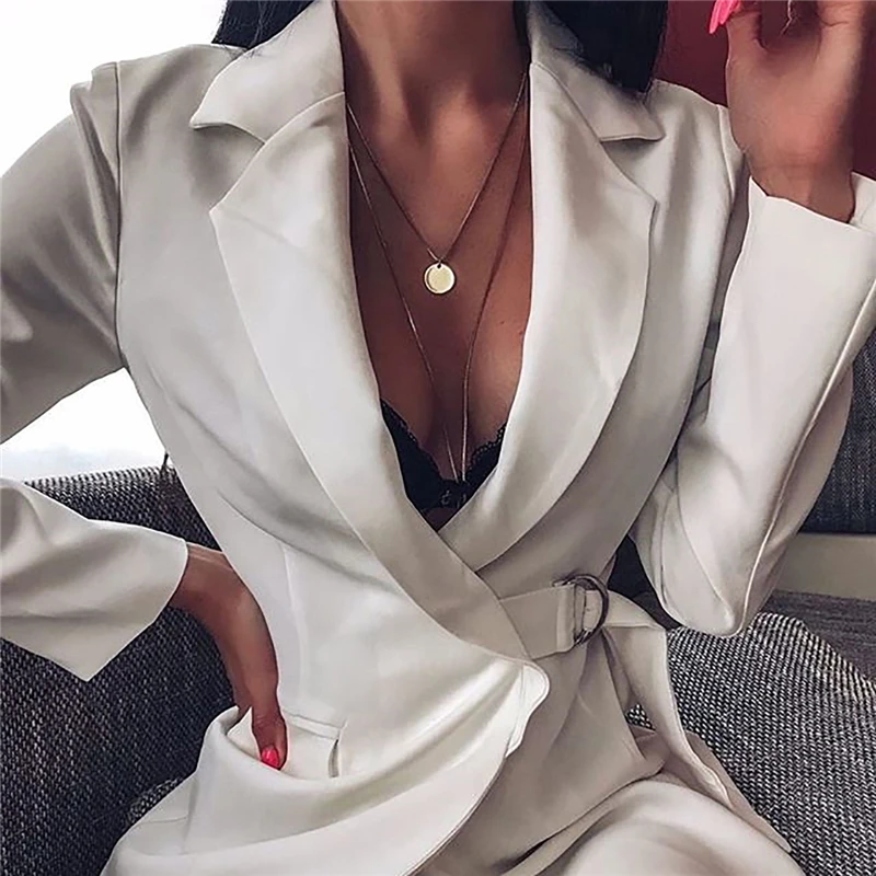 Модный Белый Длинный блейзер для женщин осень 2019 металлическая пряжка глубокий v-образный вырез сексуальный женский костюм куртка офисное