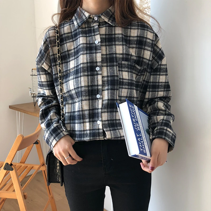 PLAID KNOT Front BLOUSE Vintage 80 /'Wild Flowers/' Woman Crop Top Red Blue Checked Button Up Shirt sz L
