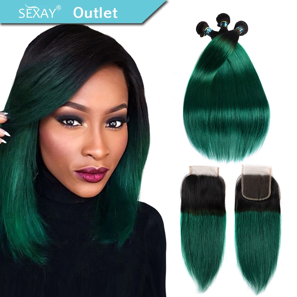 

Sexay Pre-Colored Ombre Bundles With Closure 3 Bundles With Closure T1B/ Green Dark Roots Turquoise Silk Straight Human Hair