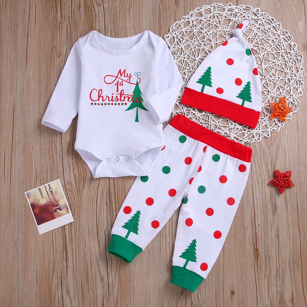 Повседневные брюки с рождественской елкой для маленьких девочек + комбинезоны с длинными рукавами + шапочка, комплекты одежды для