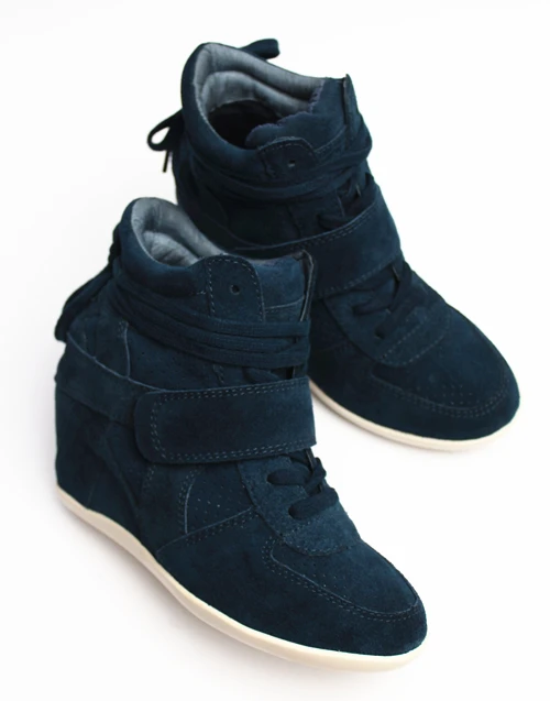 Navy Blue Genuine Leather Casual Increasing Wedge Sneakers Black Round ...