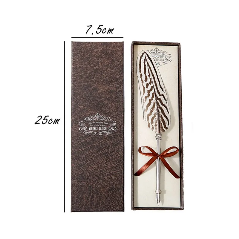 HOT-Creative Craft Vintage Feather Pen Vintage Engraved Metal Feather Pen Signature Gift European Feather Pen Memorial Set