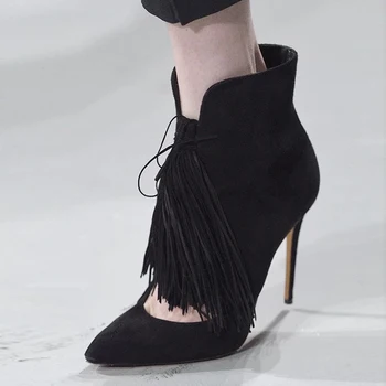 

European High Street Fashion Pointed Toe Ankle Boots Shallow Fringed High Heel Spring Shoes Suede Leather Boots Women