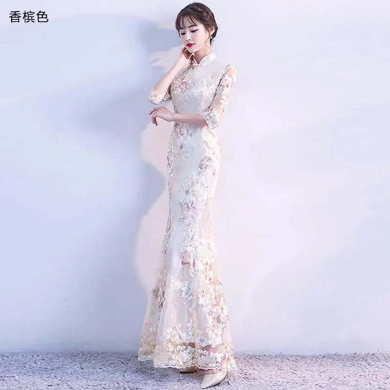Элегантный женский розовый традиционная вышивка цветок Cheongsam Русалка Тонкий длинный Qipao дамы формальное вечернее платье vestidos - Цвет: Style 3