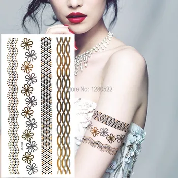 

2pcs Gold Silver Temporary Glod Tattoo Metallic Flash Tatoo Sticker Dot Chain Design Body Art Tatuagem Summer