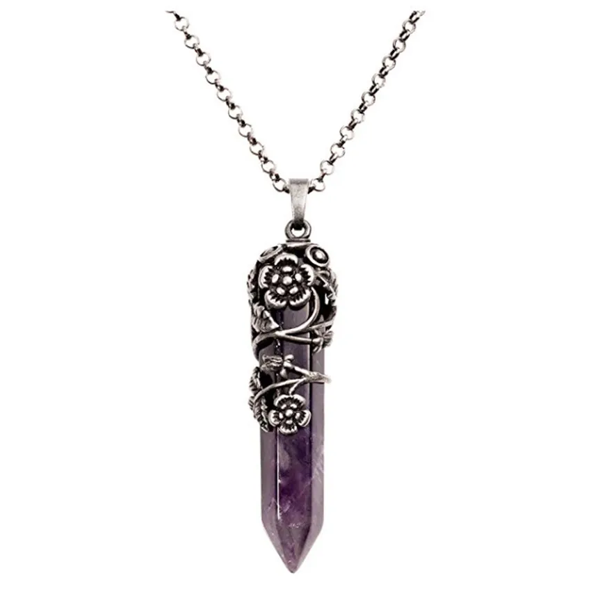 

FYJS Unique Silver Plated Flower Wrap Natural Purple Amethysts Hexagon Column Pendant Link Chain Necklace