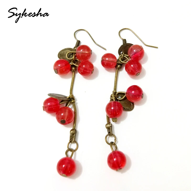 

2019 Retro National Fashion Vintage Beautiful Hook Red Berries Dangle Earrings Female Ball Tassel Drop Earrings