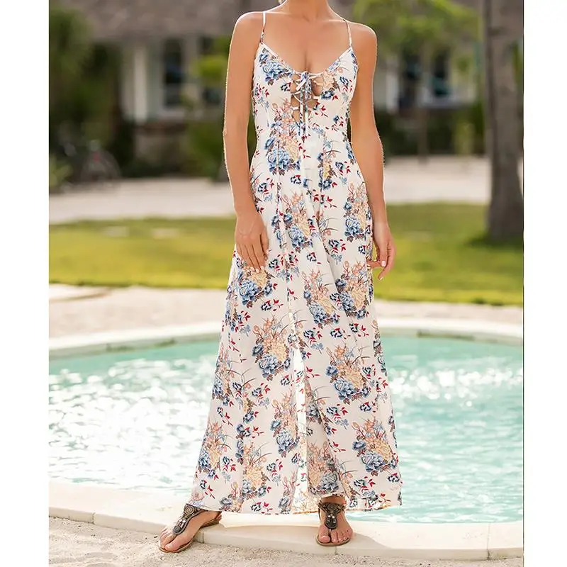 2018 Summer Long Dress Women Floral Print Dress Low Cut V Neck
