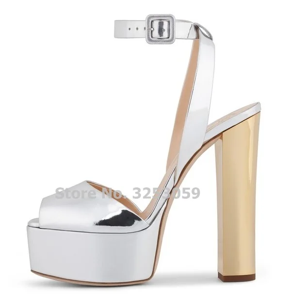 Metallic Platform Pumps Colorized Gold Chunky Heel Sandals Bling Bling
