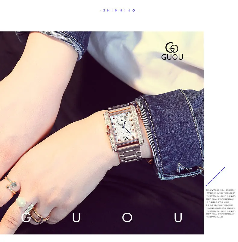 HK GUOU брендовые золотые стальные часы ретро модные квадратные бриллиантовые браслет женские кварцевые роскошные женские Подарочные наручные часы - Цвет: Белый
