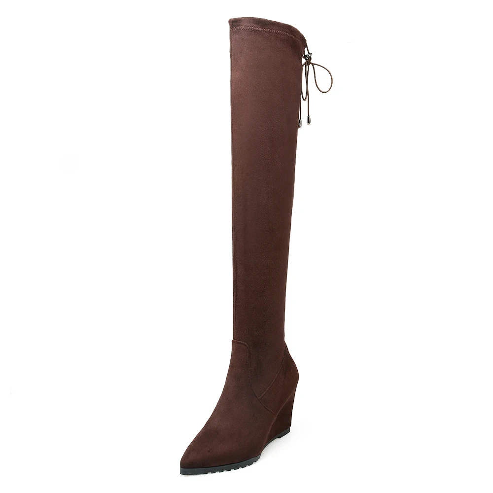 Большие размеры 43; классические сапоги до бедра на танкетке; женские зимние сапоги выше колена; цвет черный, красный; обувь из флока на высоком каблуке из эластичной ткани - Цвет: brown