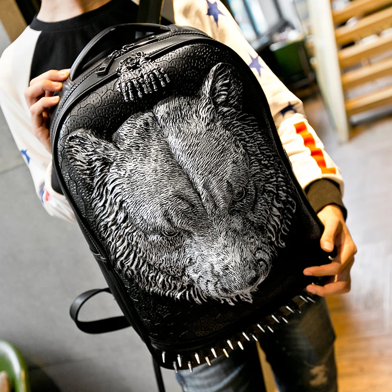 

Hip-hop Backpack Fashion Personality 3D Wolf Head Pattern Metal backpack rivets Computer apparel bags hiphop Gothic Backpacks