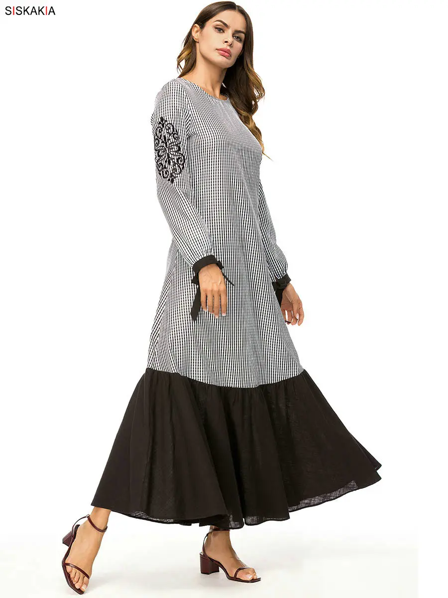 Siskakia модное клетчатое контрастное цветное лоскутное женское длинное платье винтажное этническое вышитое Макси платье с длинным рукавом Весна
