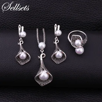 

Sellsets Silver Color Copper Pave Full Black Crystal And Imitation Pearl Jewelry Set With Necklace Earrings Ring For Women Party