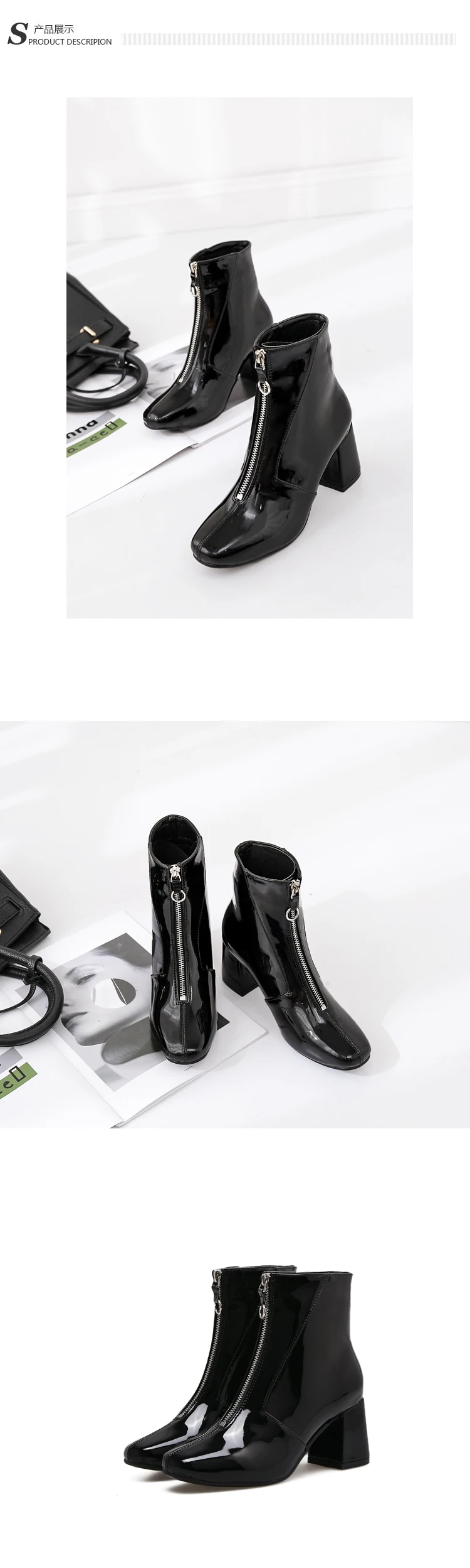 Женские ботинки челси в британском стиле из лакированной кожи с квадратным носком на молнии спереди и массивном каблуке; женские мотоботы в стиле панк