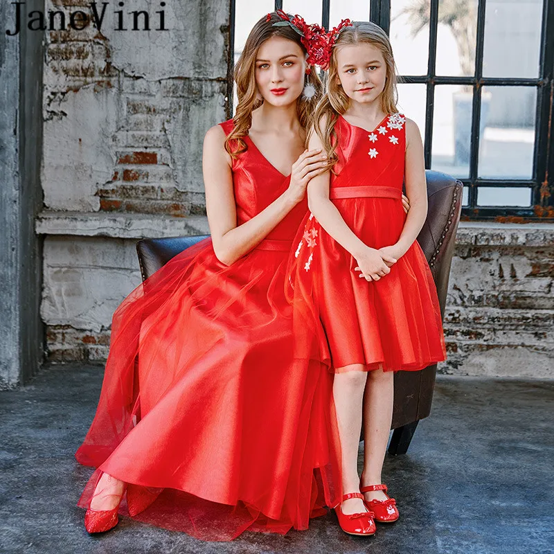 

JaneVini Red Mother and Daughter Evening Dresses 2019 Women Long Dress Evening Elegant Ankle-Length Lace Tulle Formal Party Gown