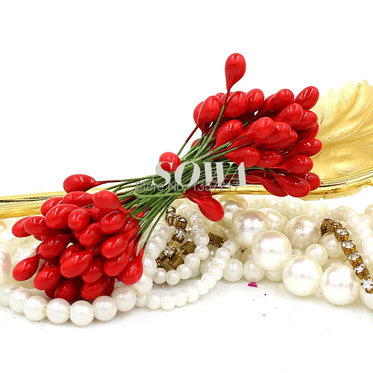 

Free shipping Eco-friendly 100pcs/Lot 8mm Xmas Red Double Heads Pearl Stamen For Christmas Flower Wreath And Garland