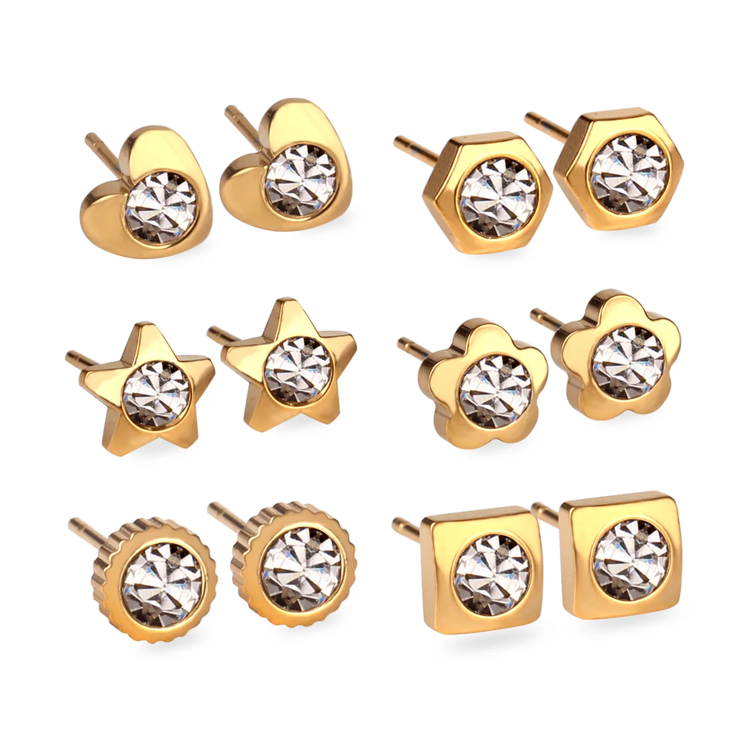 2016 New Arrival 6Pairs Various Shapes Stainless Steel font b Earrings b font Set Cubic Zirconia
